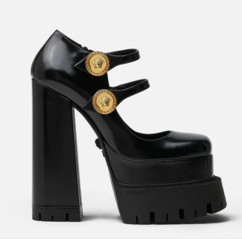 Versace Glossy Black Platform Heels with Gold Medallions